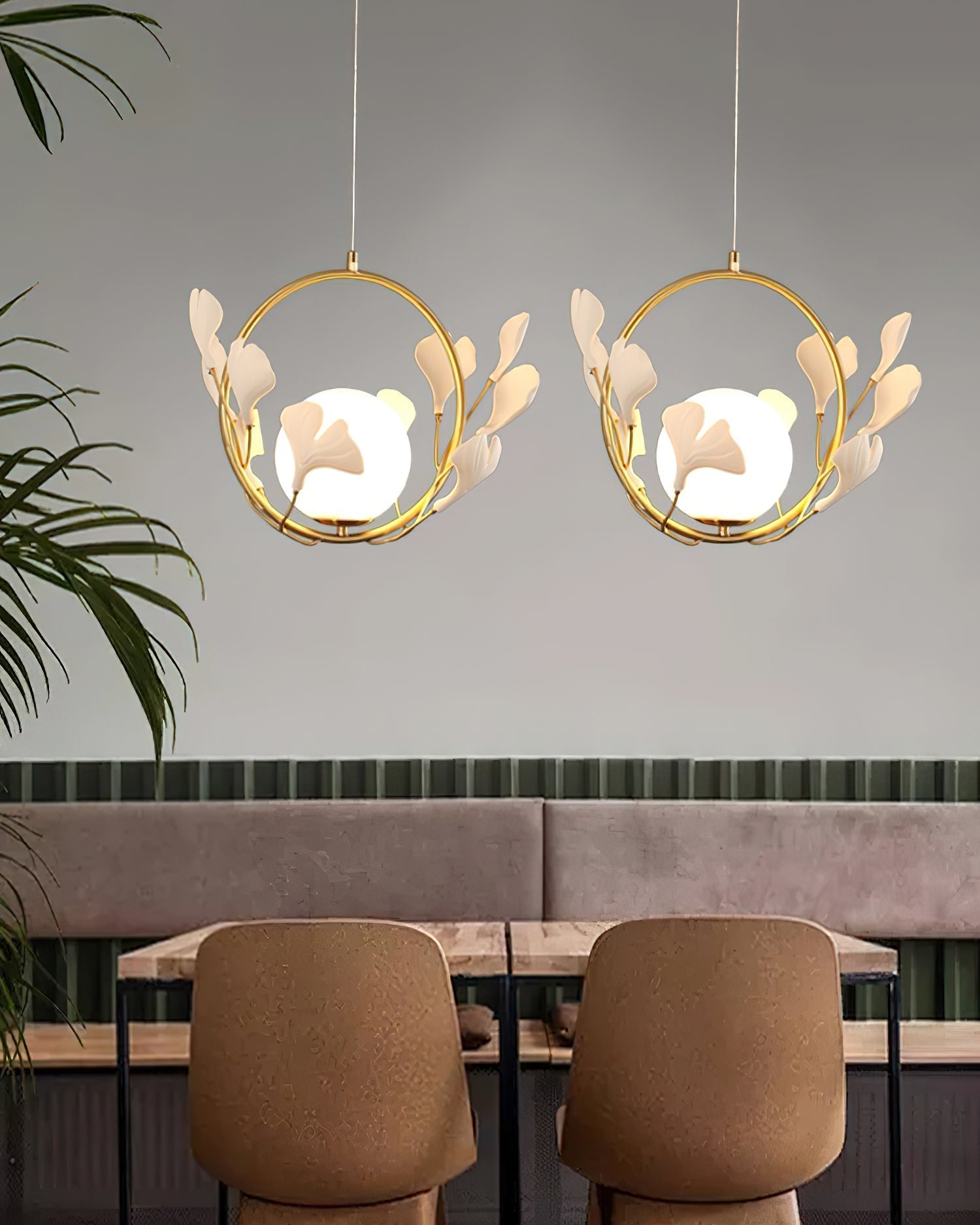 Gingko Leaf Brass Pendant Light Elegant Glass Ball Chandelier for Modern Interior Spaces