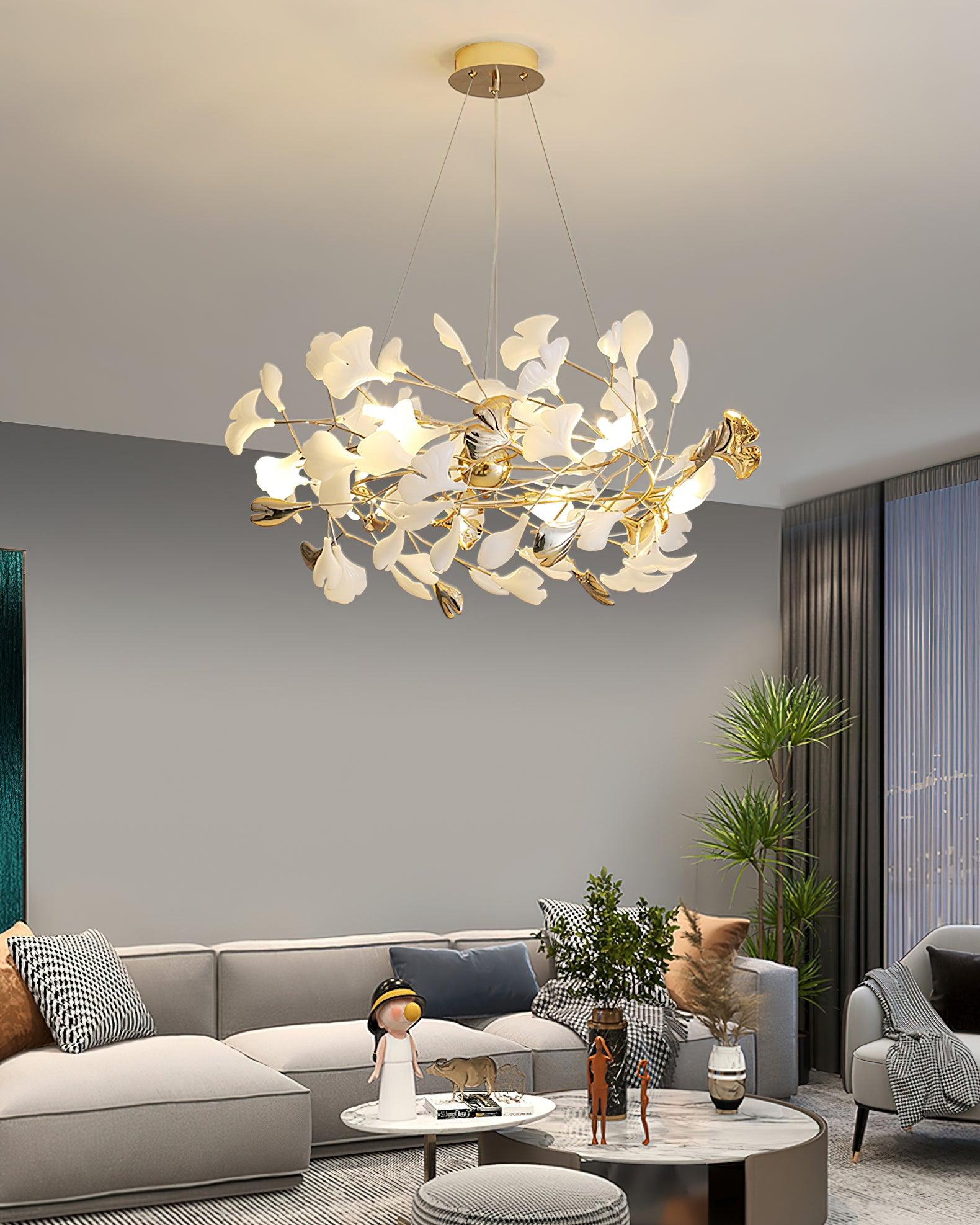 Ginkgo Leaf Ceramic Chandelier Modern Luxury Porcelain Pendant Light for Elegant Interior Spaces
