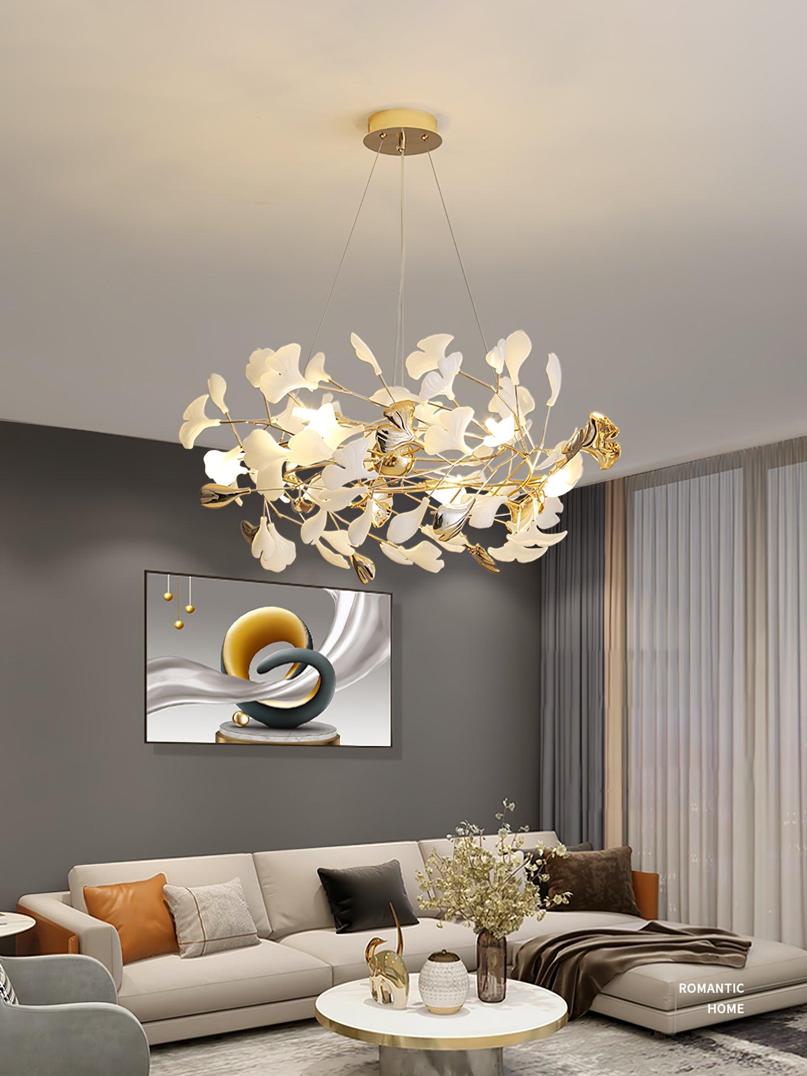 Ginkgo Leaf Ceramic Chandelier Modern Luxury Porcelain Pendant Light for Elegant Interior Spaces