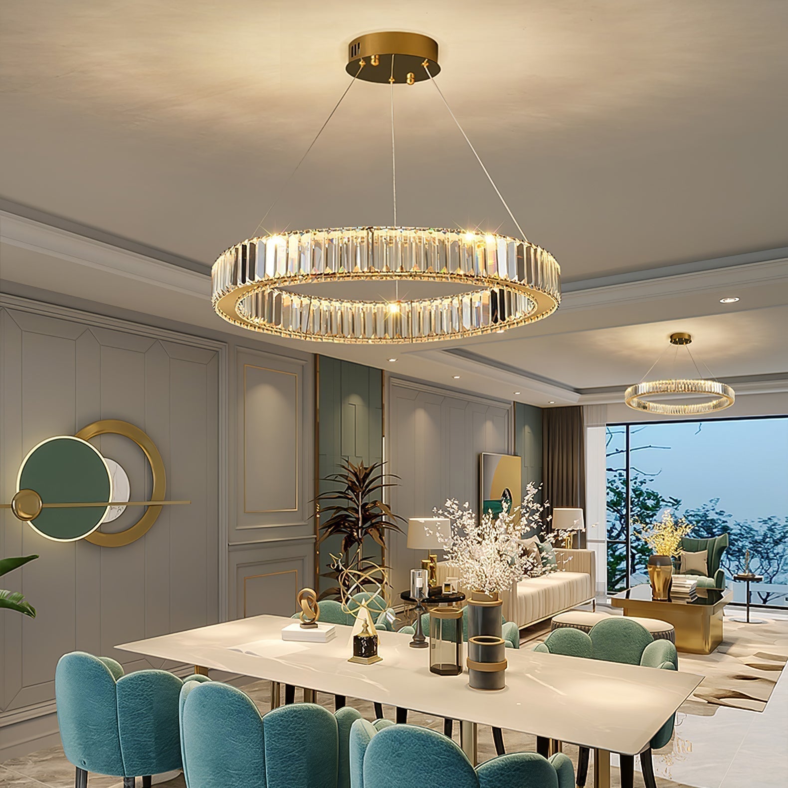 Gold Crystal Ring LED Crown Chandelier Modern Multi Tier Hanging Pendant Lamp