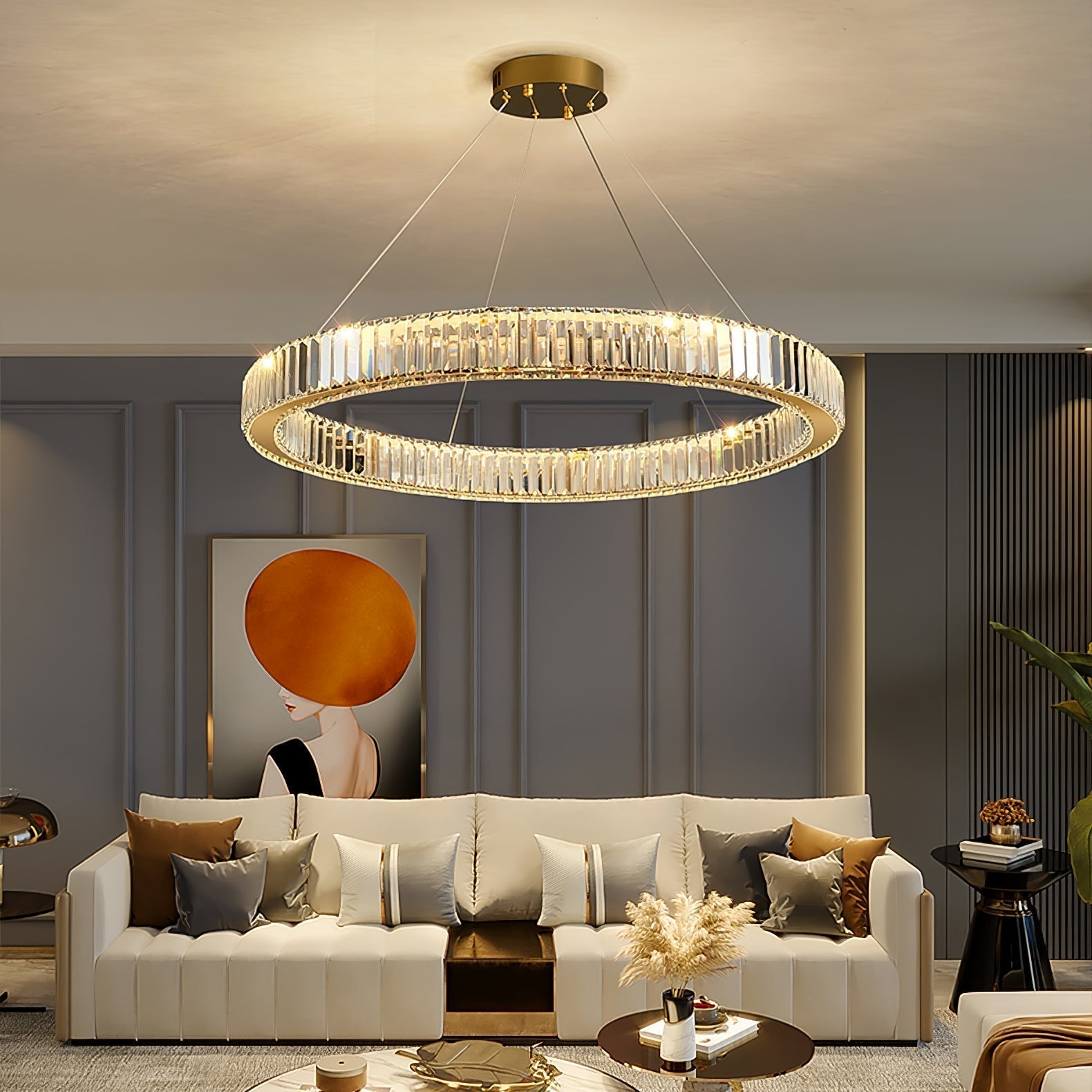 Gold Crystal Ring LED Crown Chandelier Modern Multi Tier Hanging Pendant Lamp
