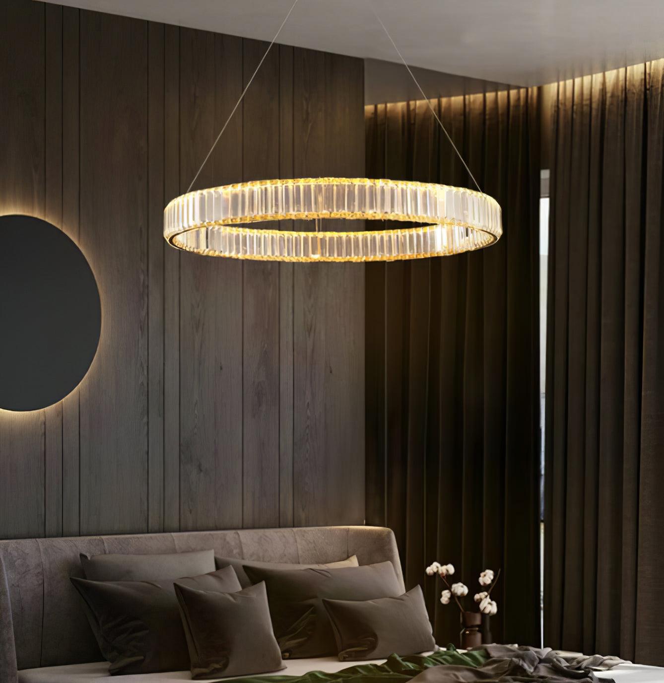 Gold Crystal Ring LED Crown Chandelier Modern Multi Tier Hanging Pendant Lamp