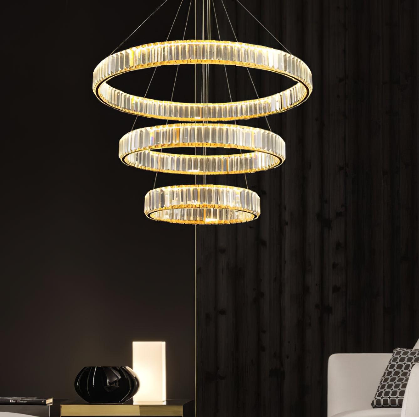 Gold Crystal Ring LED Crown Chandelier Modern Multi Tier Hanging Pendant Lamp