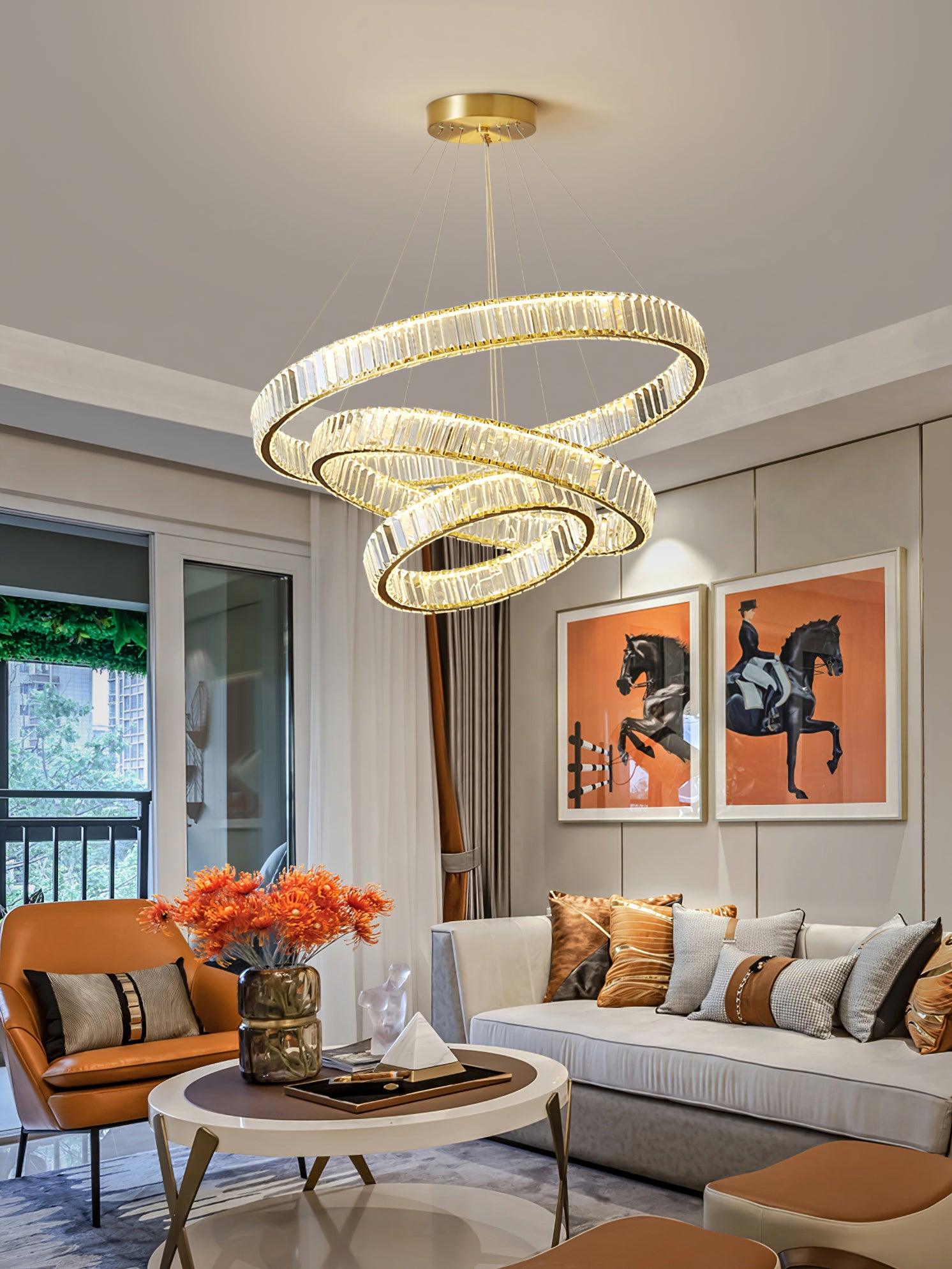 Gold Crystal Ring LED Crown Chandelier Modern Multi Tier Hanging Pendant Lamp