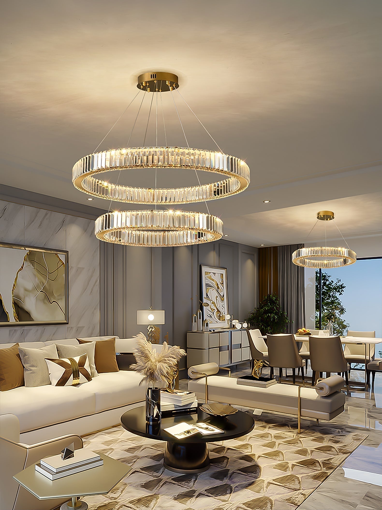 Gold Crystal Ring LED Crown Chandelier Modern Multi Tier Hanging Pendant Lamp