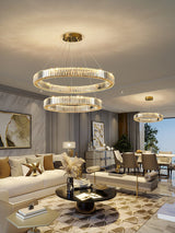 Gold Crystal Ring LED Crown Chandelier Modern Multi Tier Hanging Pendant Lamp