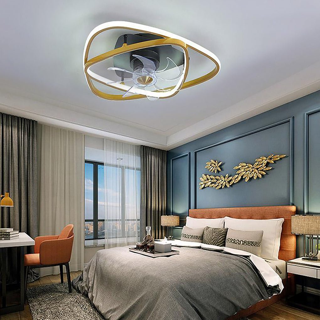 Industrial Gold Flush Mount Ceiling Fan with Integrated LED Light and 6 Speed Remote Control