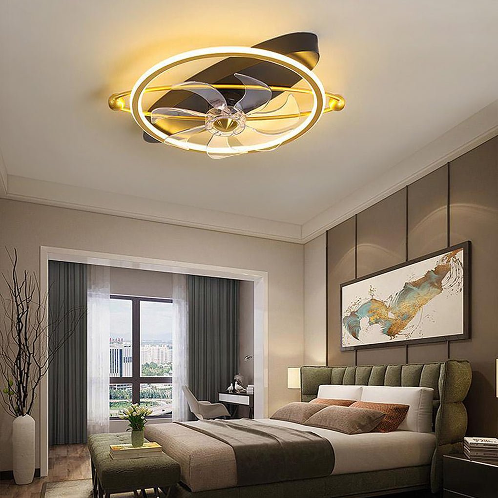 Industrial Gold Flush Mount Ceiling Fan with Integrated LED Light and 6 Speed Remote Control