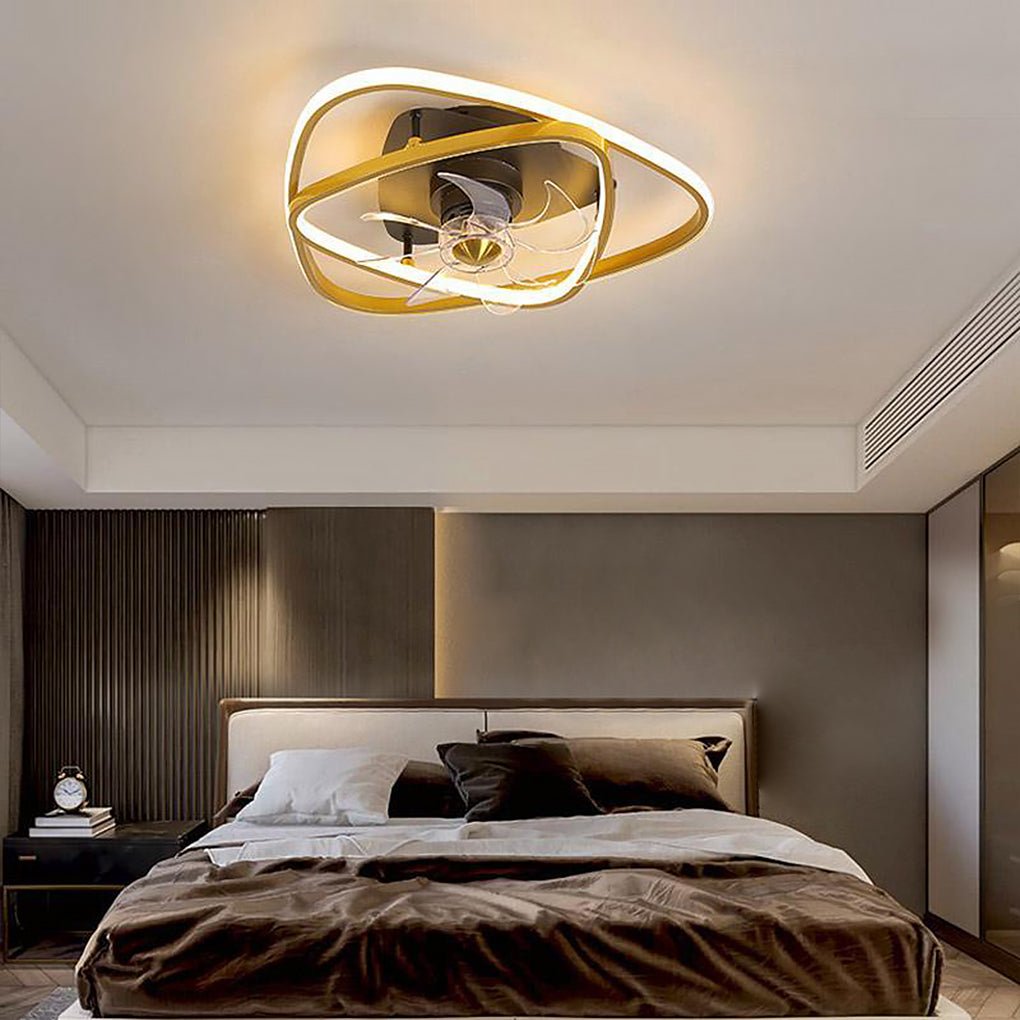 Industrial Gold Flush Mount Ceiling Fan with Integrated LED Light and 6 Speed Remote Control