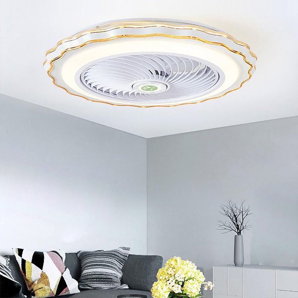 Modern White and Gold Crown Bladeless Flush Mount Ceiling Fan with Remote Control and LED Light