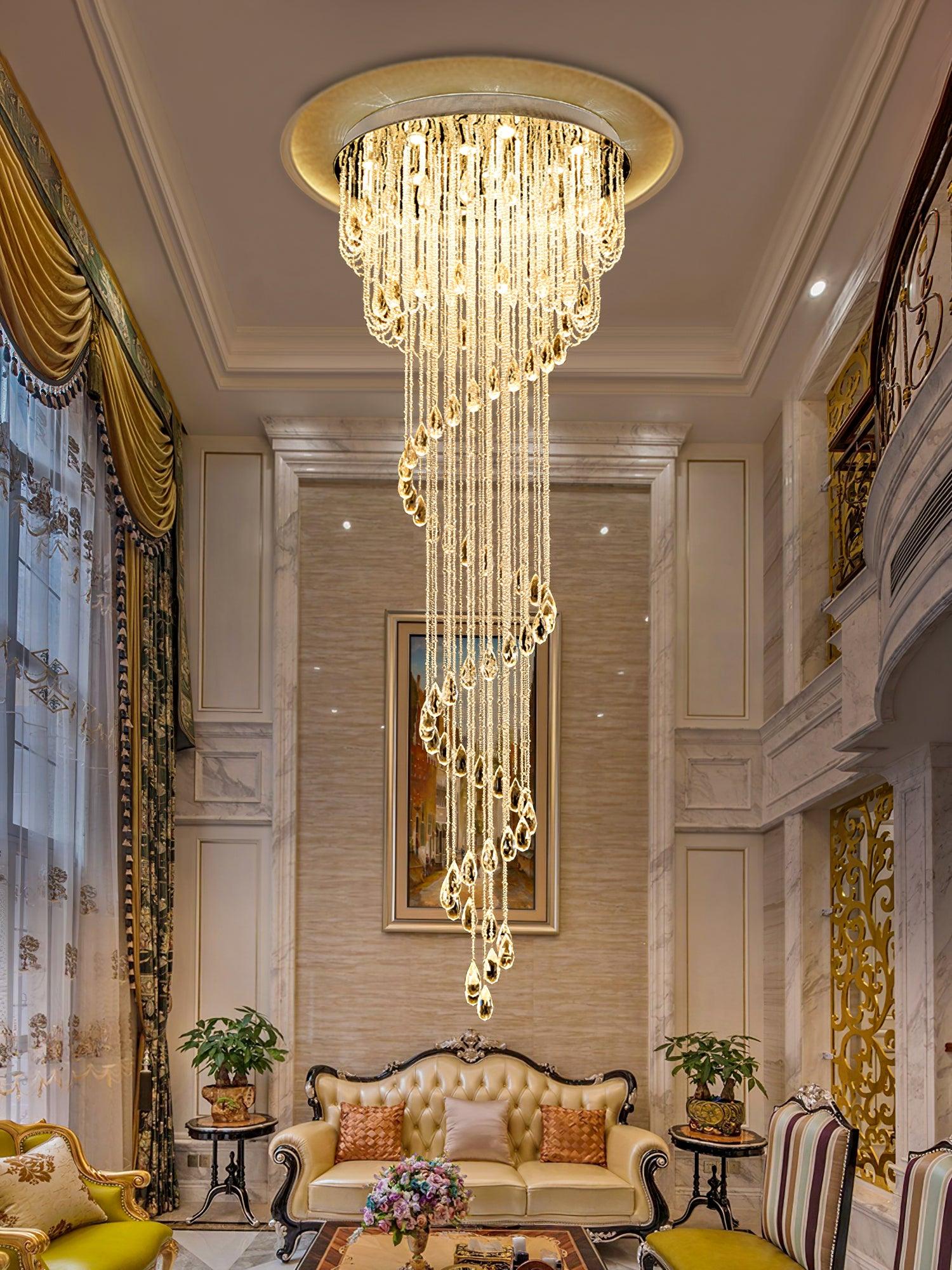 Grand Spiral Crystal Chandelier for Staircase Luxury Crown LED Pendant Light Chrome Finish