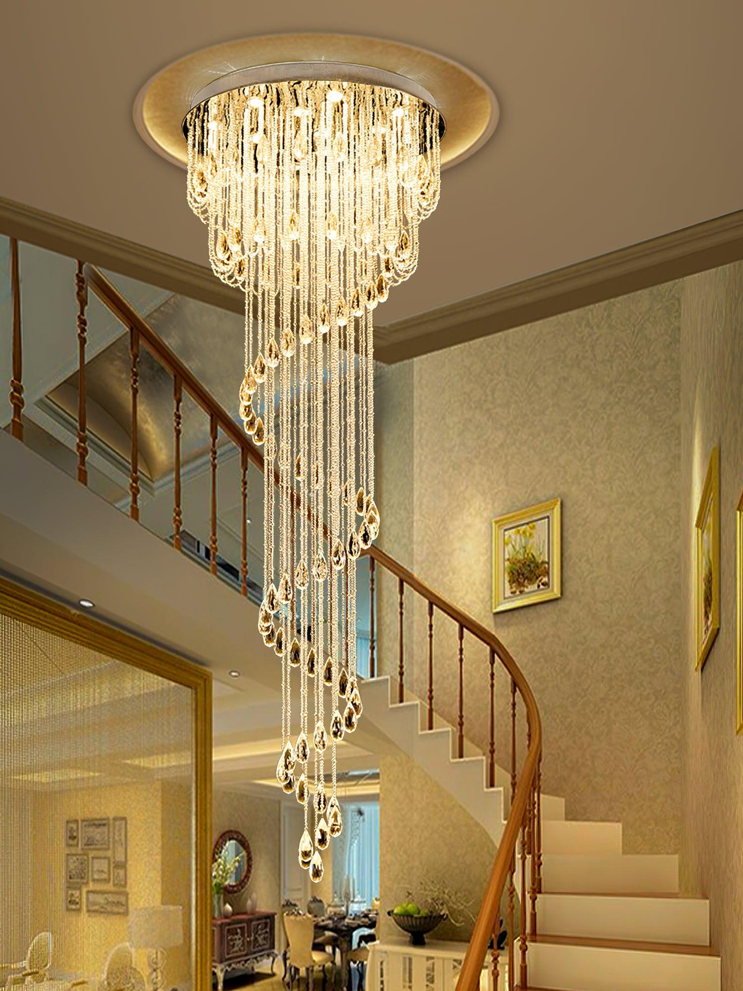 Grand Spiral Crystal Chandelier for Staircase Luxury Crown LED Pendant Light Chrome Finish