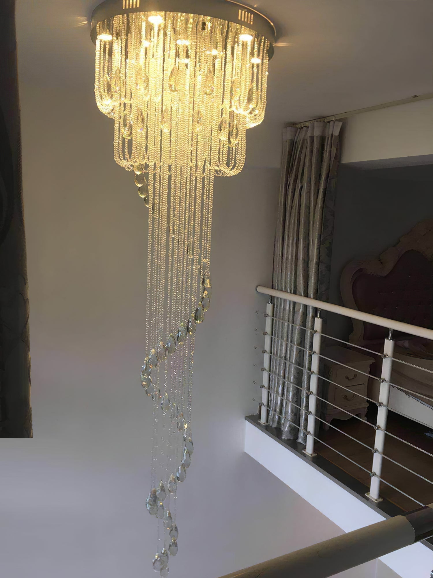 Grand Spiral Crystal Chandelier for Staircase Luxury Crown LED Pendant Light Chrome Finish