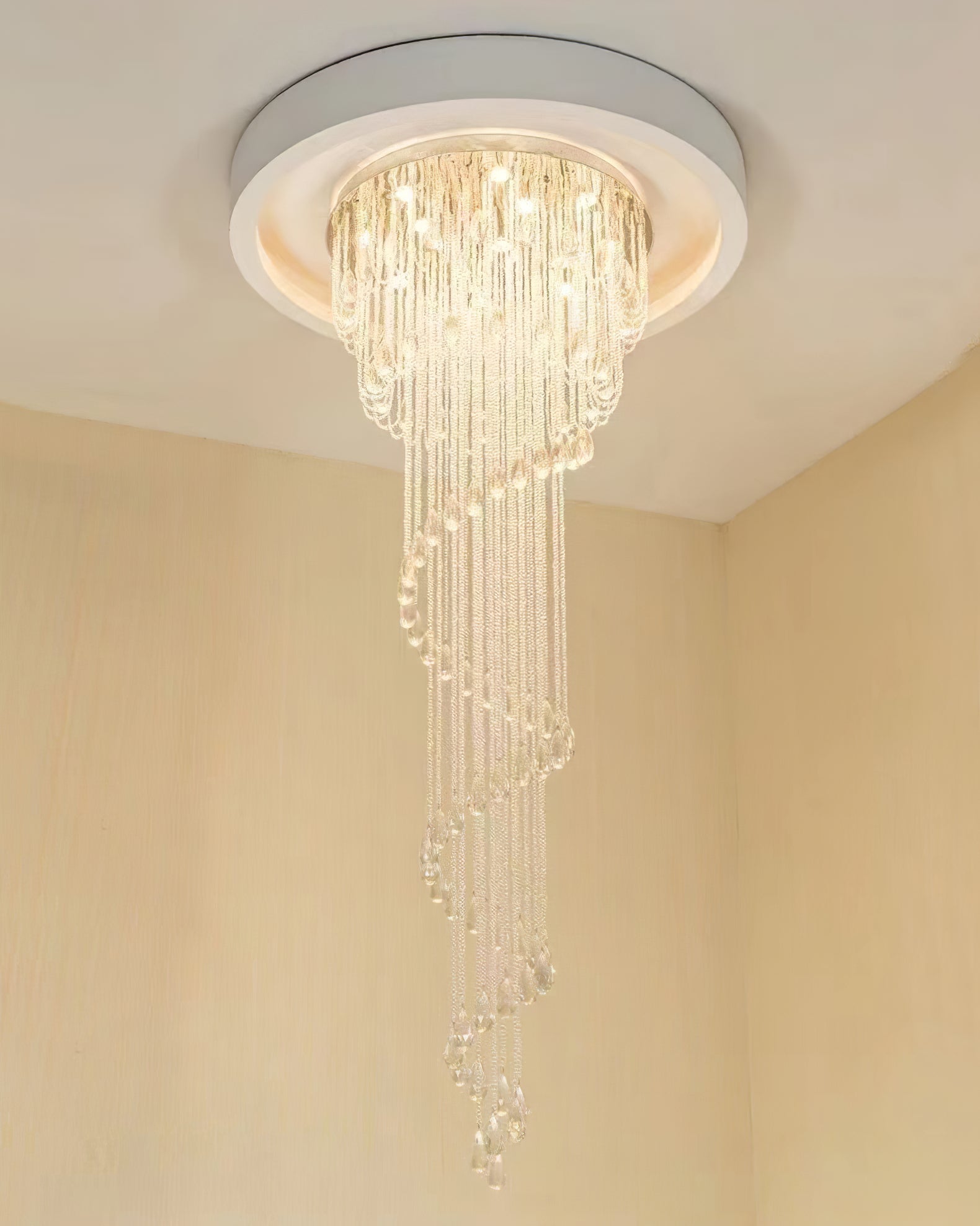 Grand Spiral Crystal Chandelier for Staircase Luxury Crown LED Pendant Light Chrome Finish