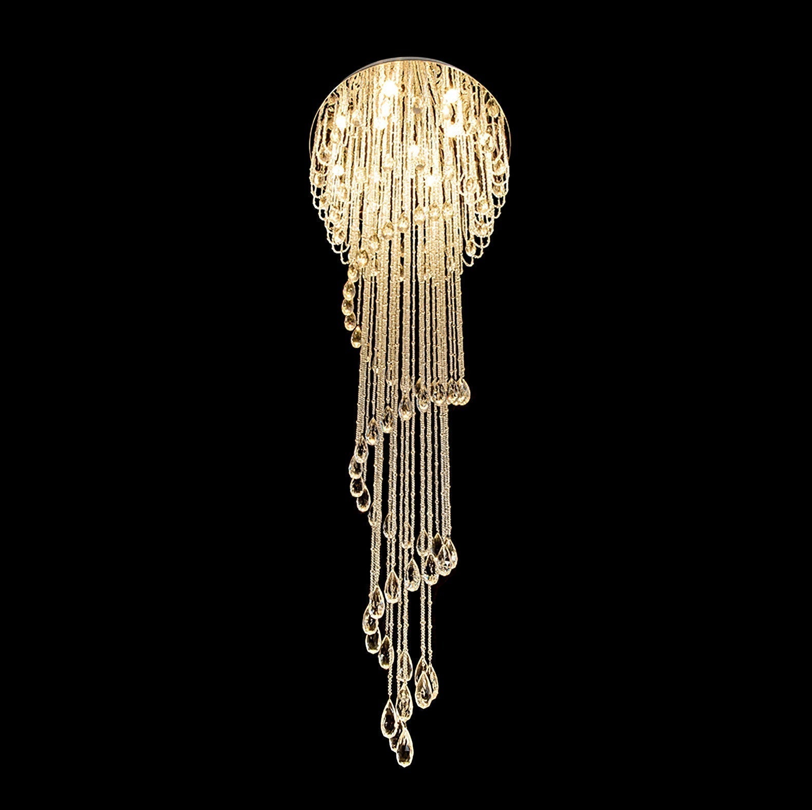 Grand Spiral Crystal Chandelier for Staircase Luxury Crown LED Pendant Light Chrome Finish