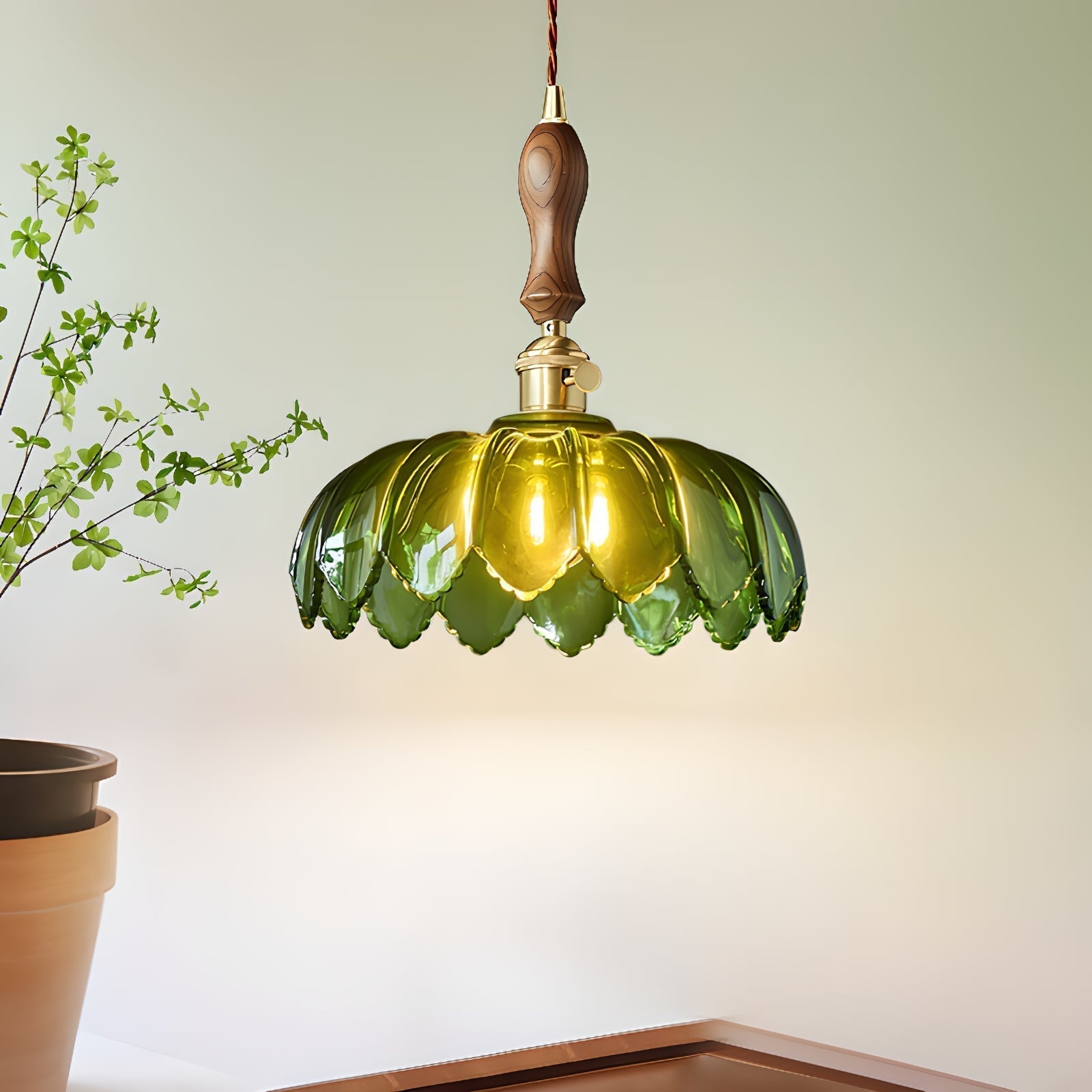 Green Glass Petal Pendant Light Vintage Flower Hanging Lamp with Wood Accent
