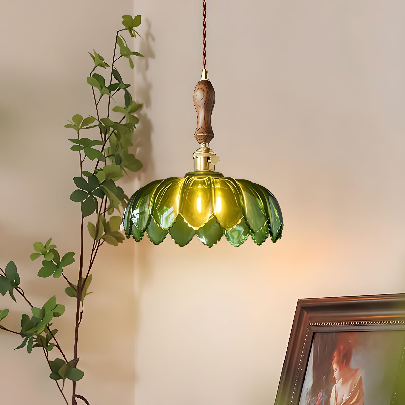 Green Glass Petal Pendant Light Vintage Flower Hanging Lamp with Wood Accent