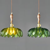 Green Glass Petal Pendant Light Vintage Flower Hanging Lamp with Wood Accent