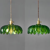 Green Glass Petal Pendant Light Vintage Flower Hanging Lamp with Wood Accent