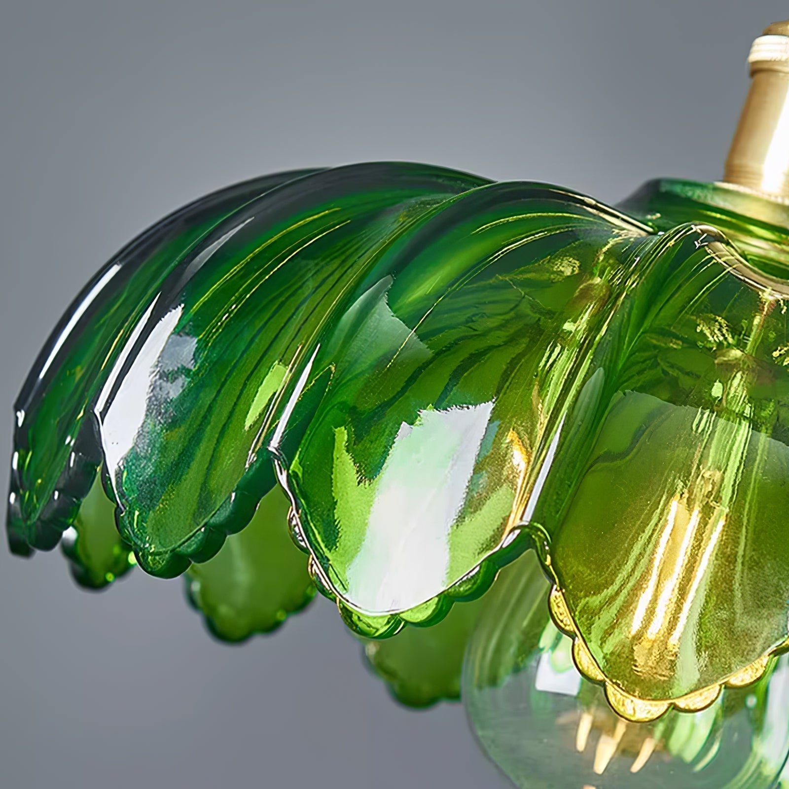 Green Glass Petal Pendant Light Vintage Flower Hanging Lamp with Wood Accent