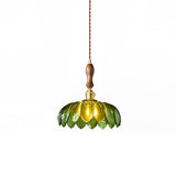 Green Glass Petal Pendant Light Vintage Flower Hanging Lamp with Wood Accent