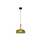 Green Glass Petal Pendant Light Vintage Flower Hanging Lamp with Wood Accent