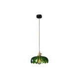 Green Glass Petal Pendant Light Vintage Flower Hanging Lamp with Wood Accent
