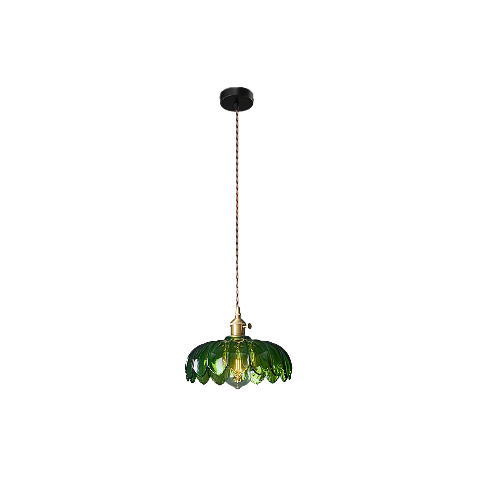 Green Glass Petal Pendant Light Vintage Flower Hanging Lamp with Wood Accent