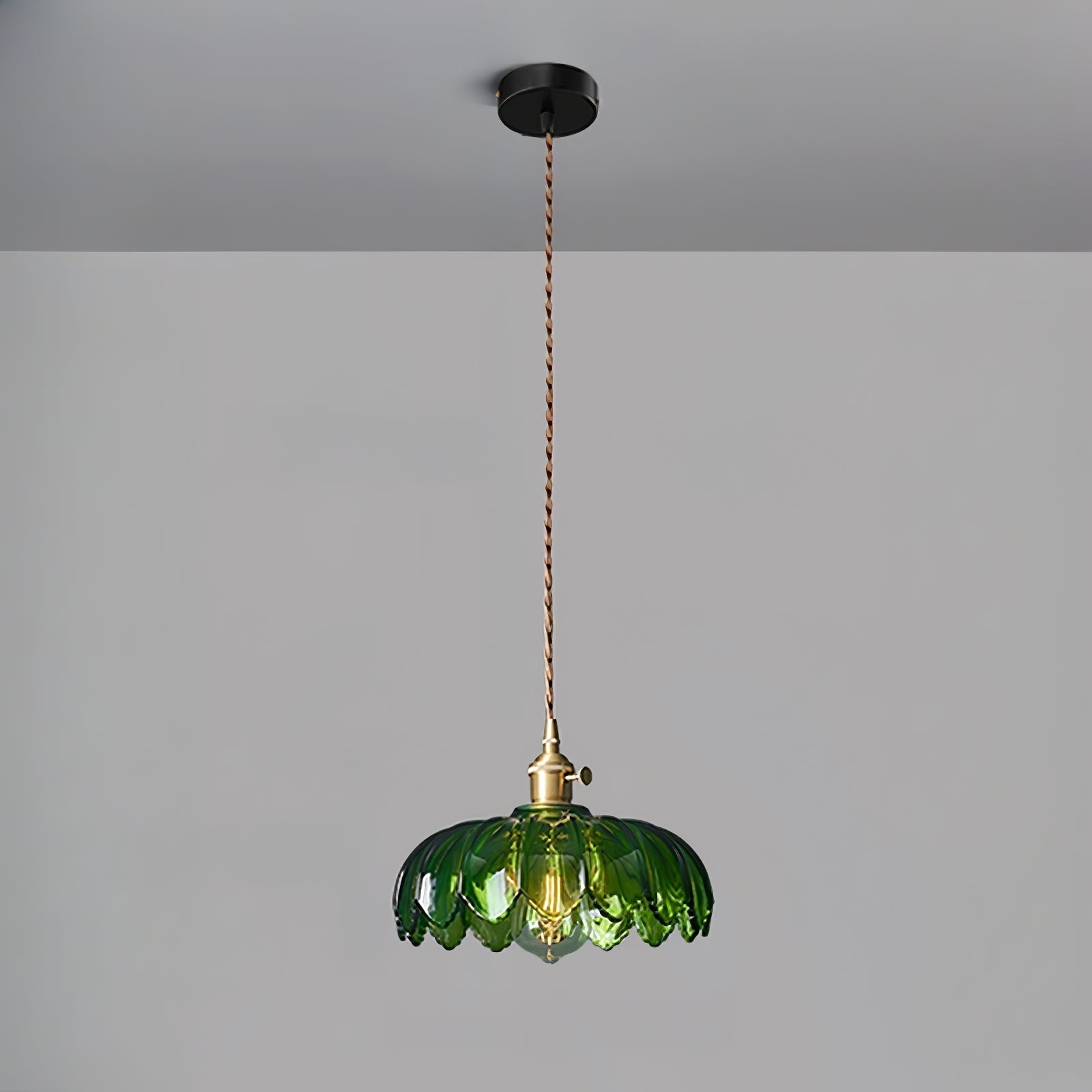 Green Glass Petal Pendant Light Vintage Flower Hanging Lamp with Wood Accent
