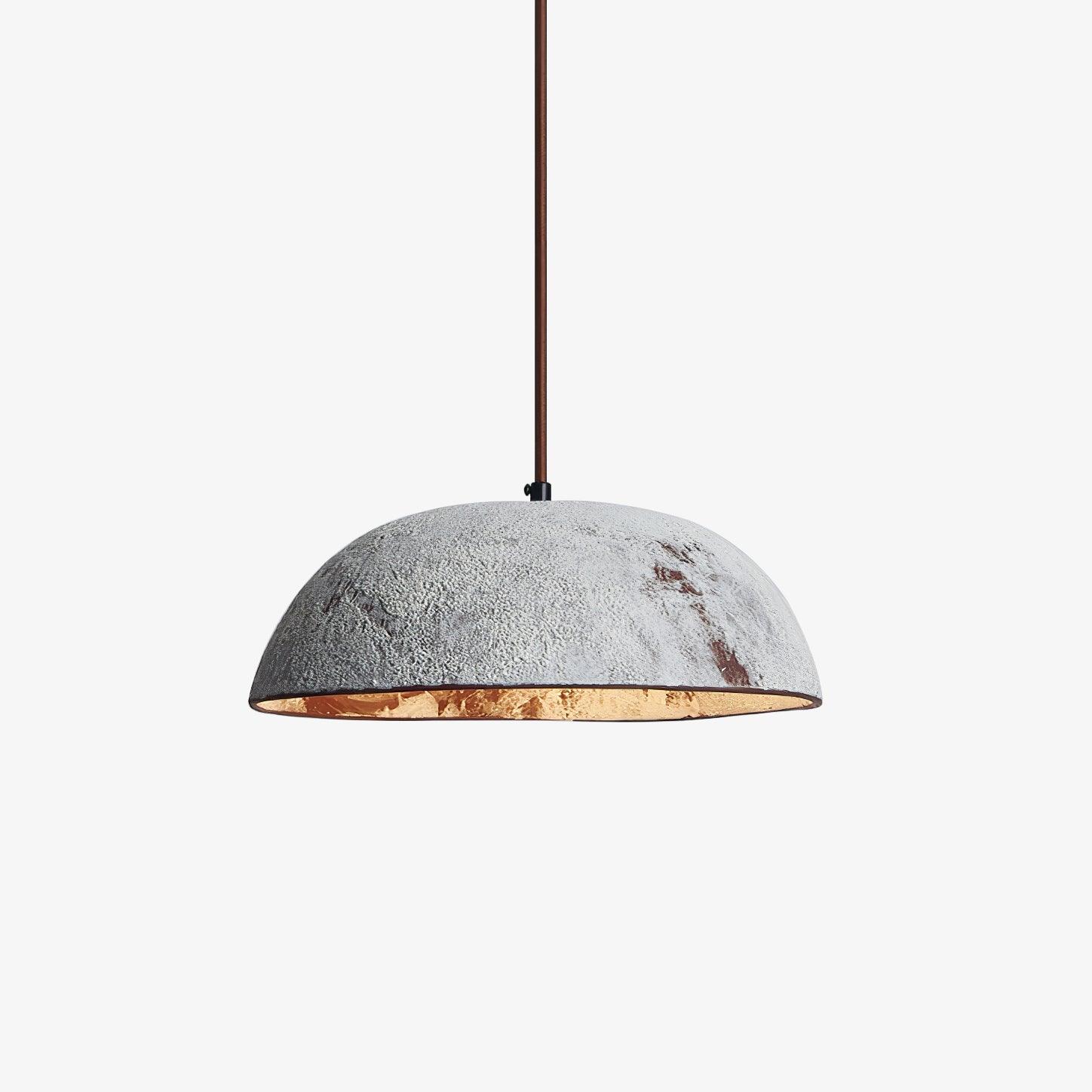 Half Dome Textured Ceramic Pendant Light with Gold Interior and Wood Details