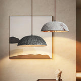 Half Dome Textured Ceramic Pendant Light with Gold Interior and Wood Details