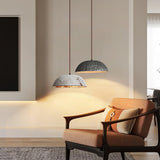 Half Dome Textured Ceramic Pendant Light with Gold Interior and Wood Details