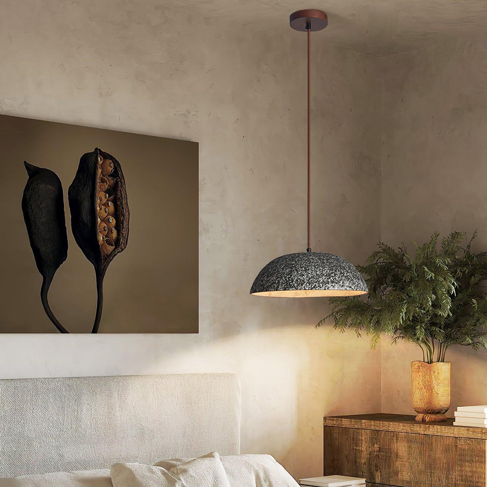 Half Dome Textured Ceramic Pendant Light with Gold Interior and Wood Details