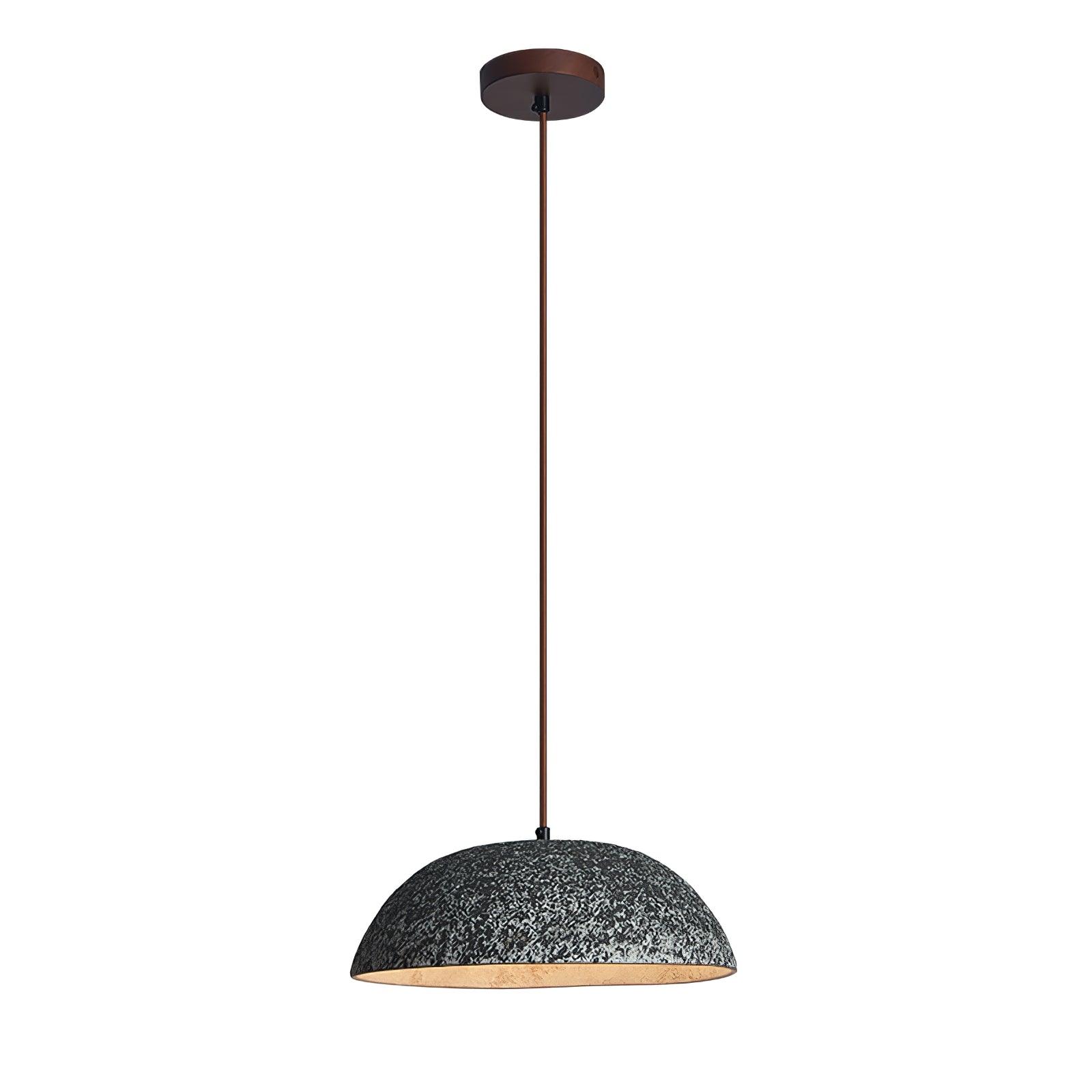 Half Dome Textured Ceramic Pendant Light with Gold Interior and Wood Details