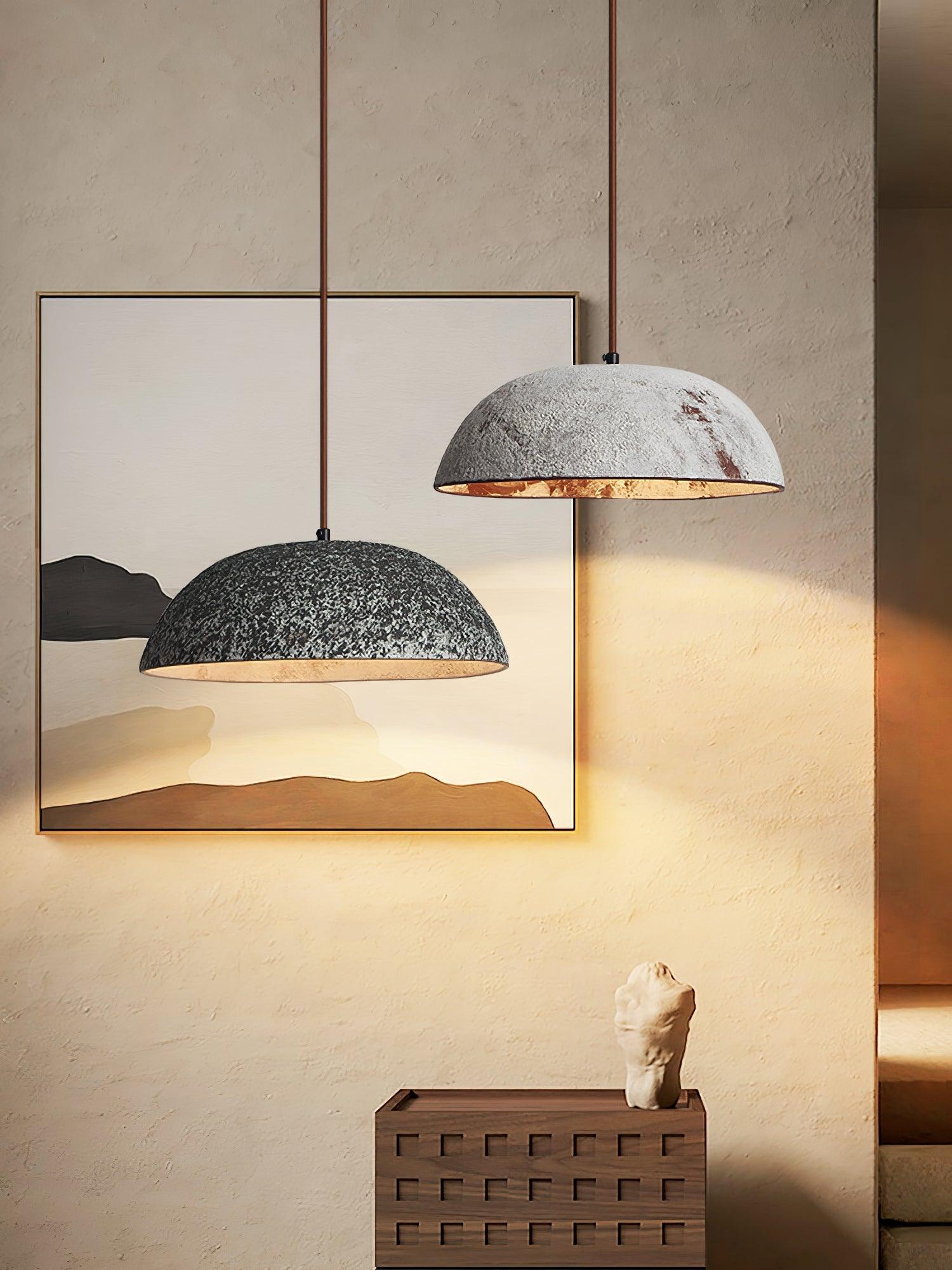 Half Dome Textured Ceramic Pendant Light with Gold Interior and Wood Details