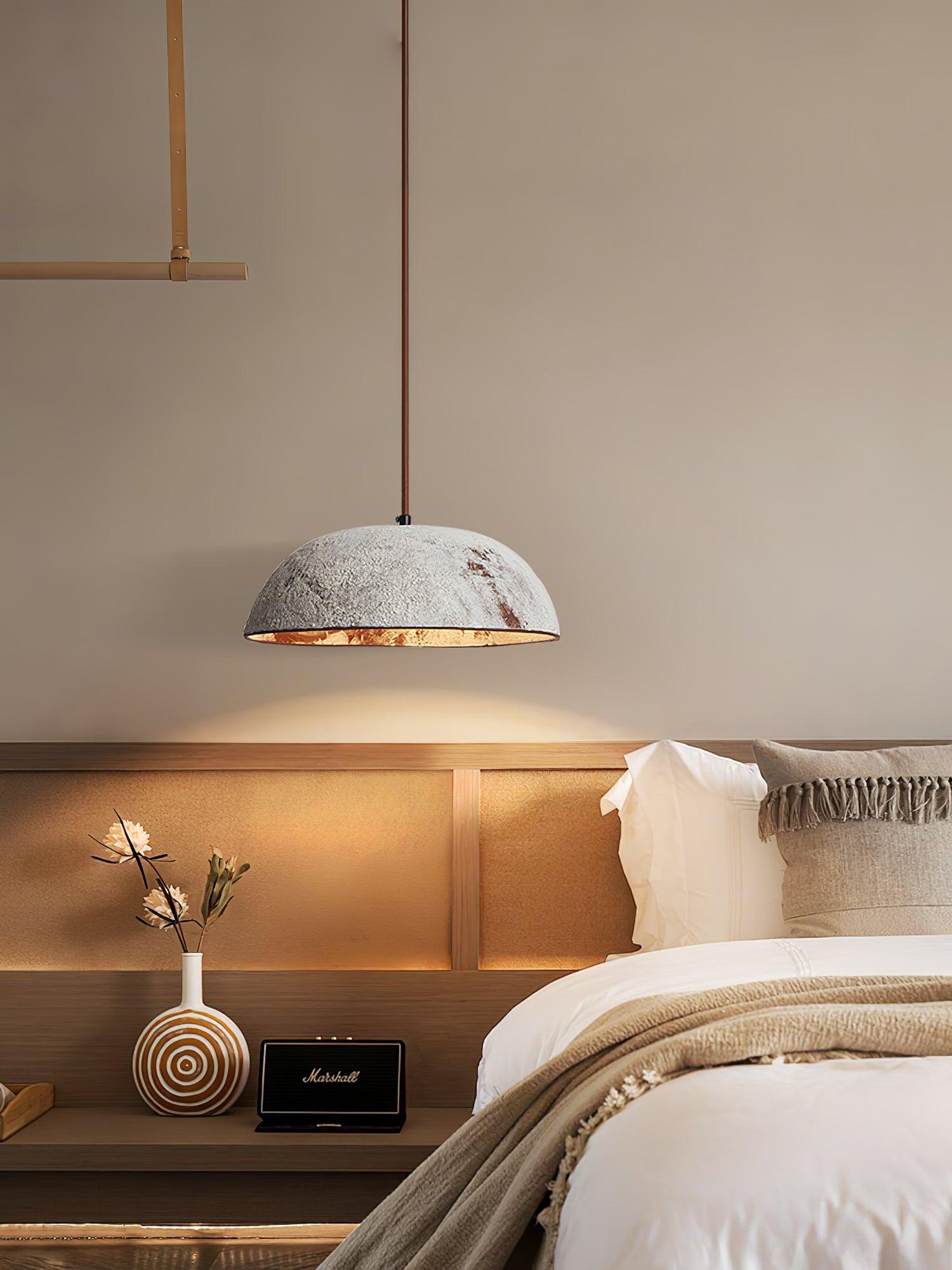 Half Dome Textured Ceramic Pendant Light with Gold Interior and Wood Details
