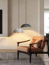 Half Dome Textured Ceramic Pendant Light with Gold Interior and Wood Details