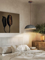 Half Dome Textured Ceramic Pendant Light with Gold Interior and Wood Details