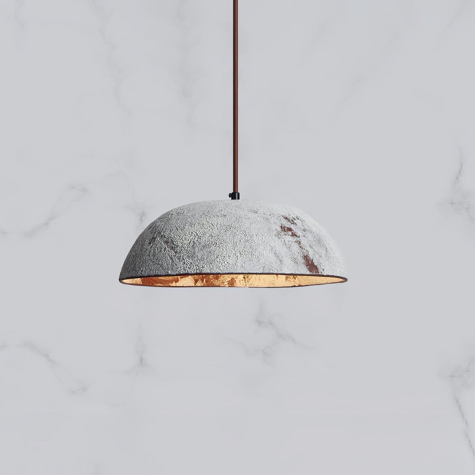 Half Dome Textured Ceramic Pendant Light with Gold Interior and Wood Details