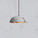 Half Dome Textured Ceramic Pendant Light with Gold Interior and Wood Details