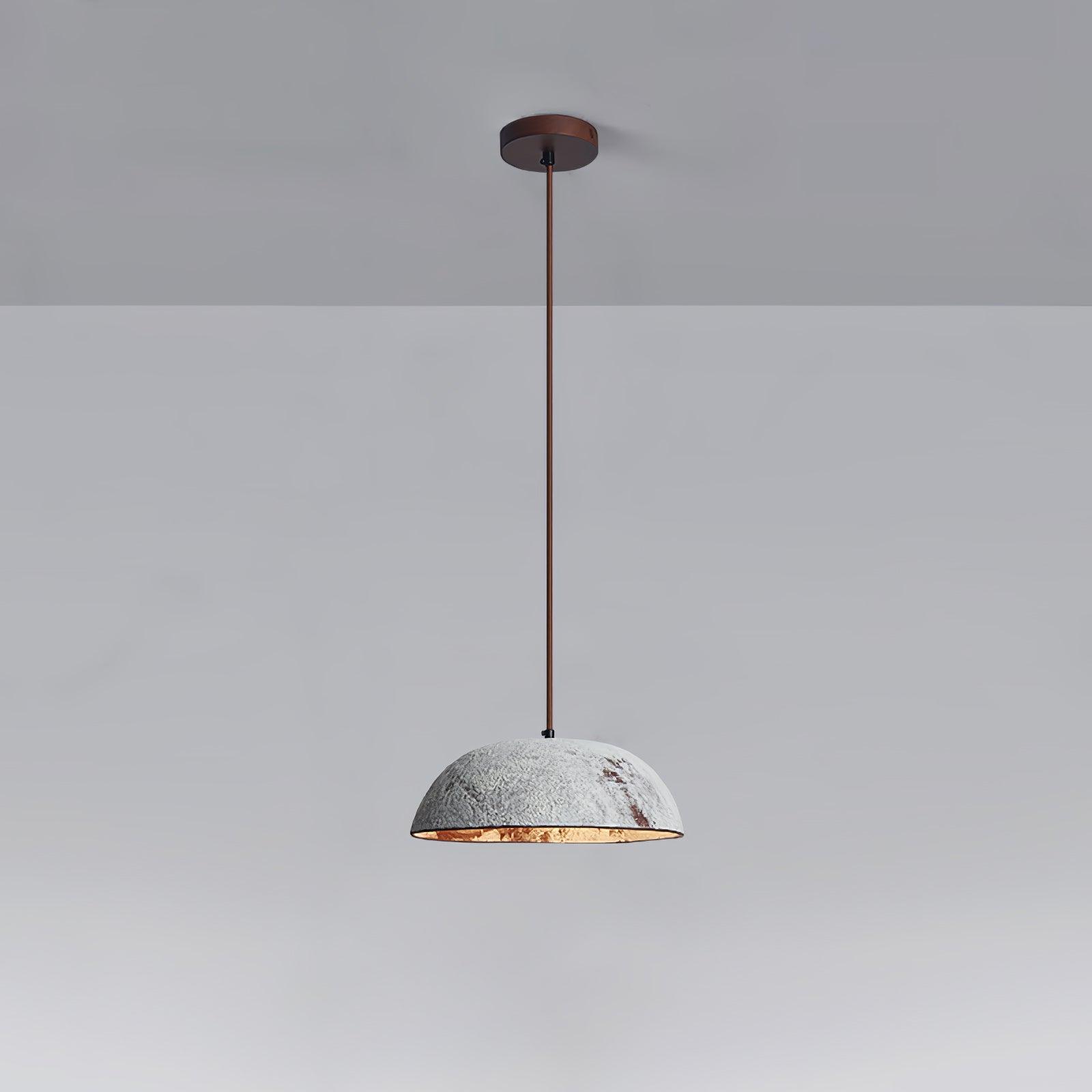 Half Dome Textured Ceramic Pendant Light with Gold Interior and Wood Details