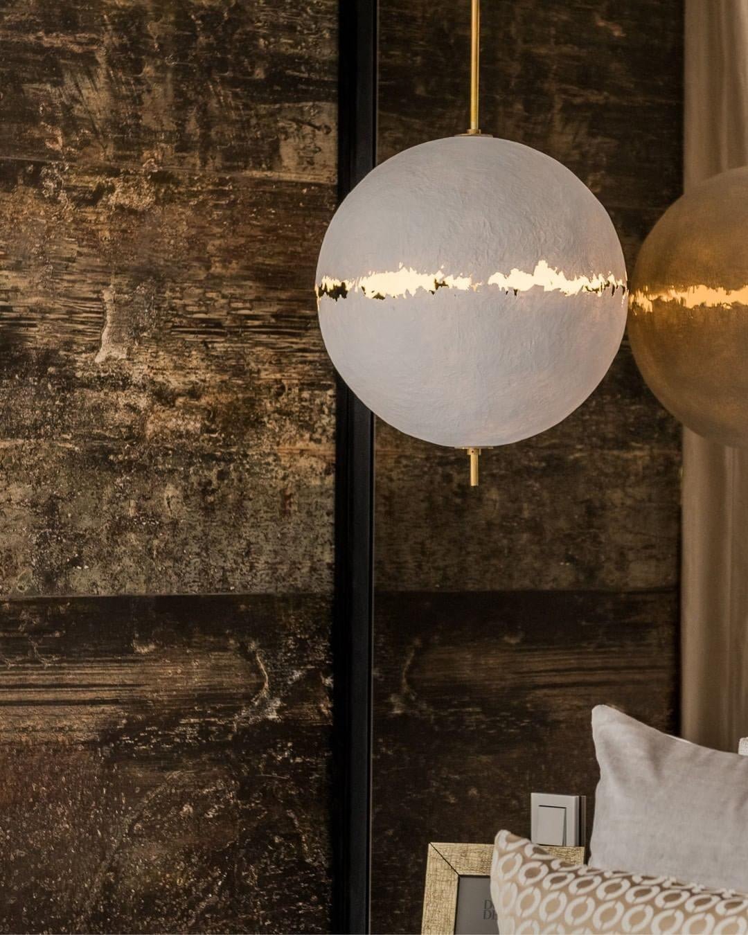 Hand Painted Fiberglass Sphere Pendant Light Modern Gold Artistic Hanging Lamp