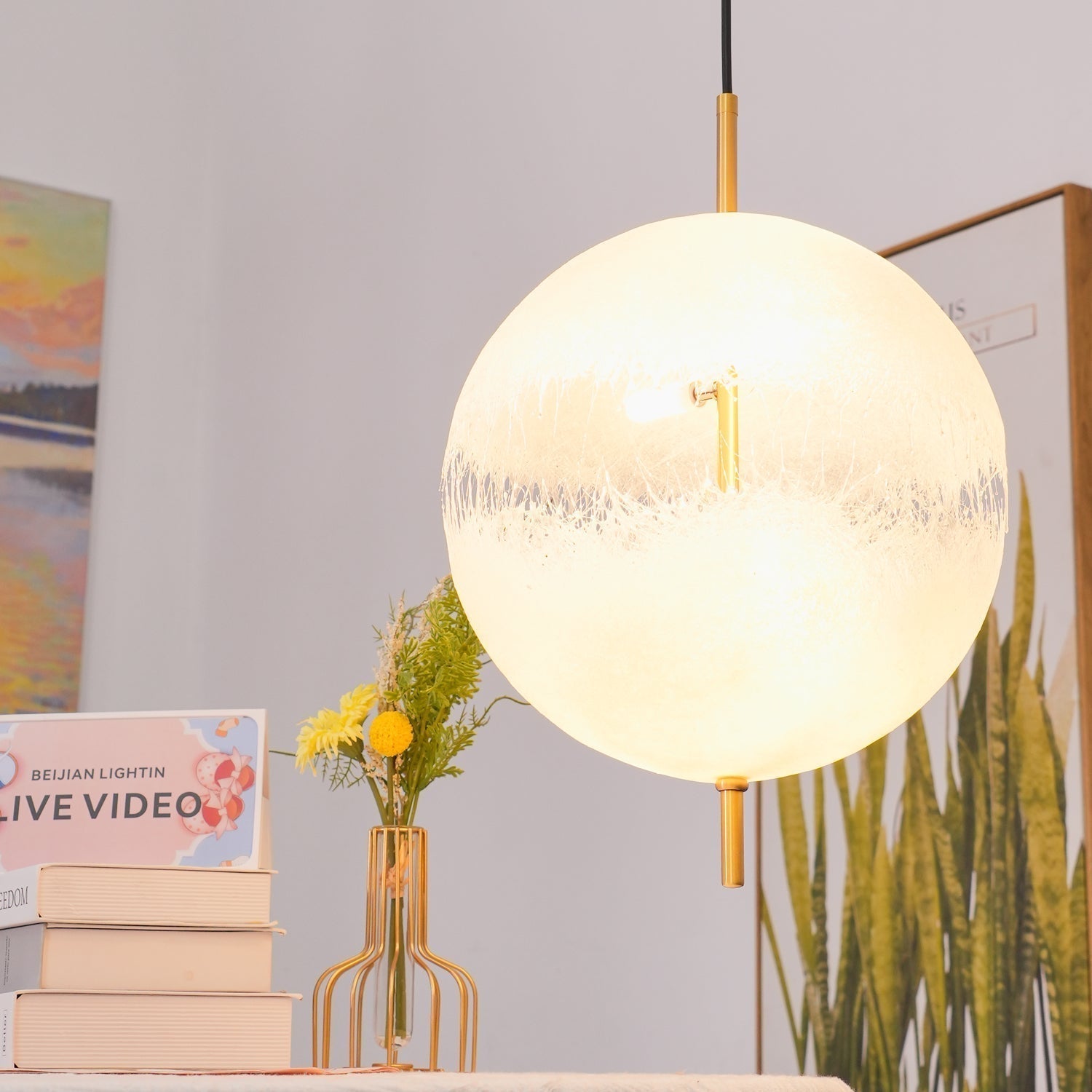 Hand Painted Fiberglass Sphere Pendant Light Modern Gold Artistic Hanging Lamp