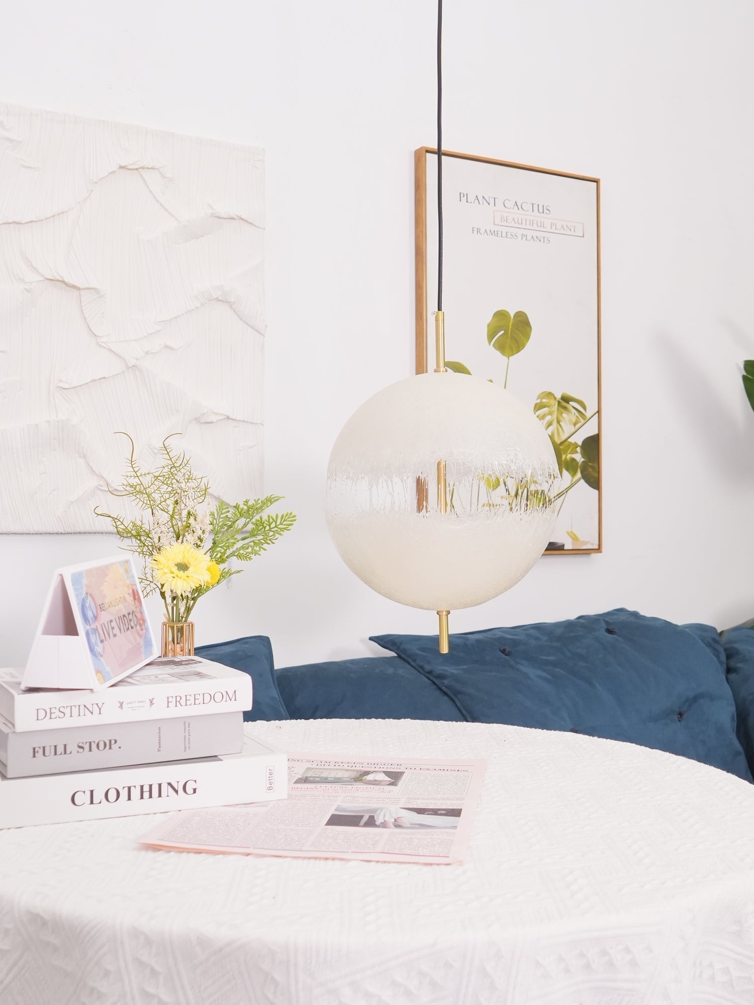 Hand Painted Fiberglass Sphere Pendant Light Modern Gold Artistic Hanging Lamp