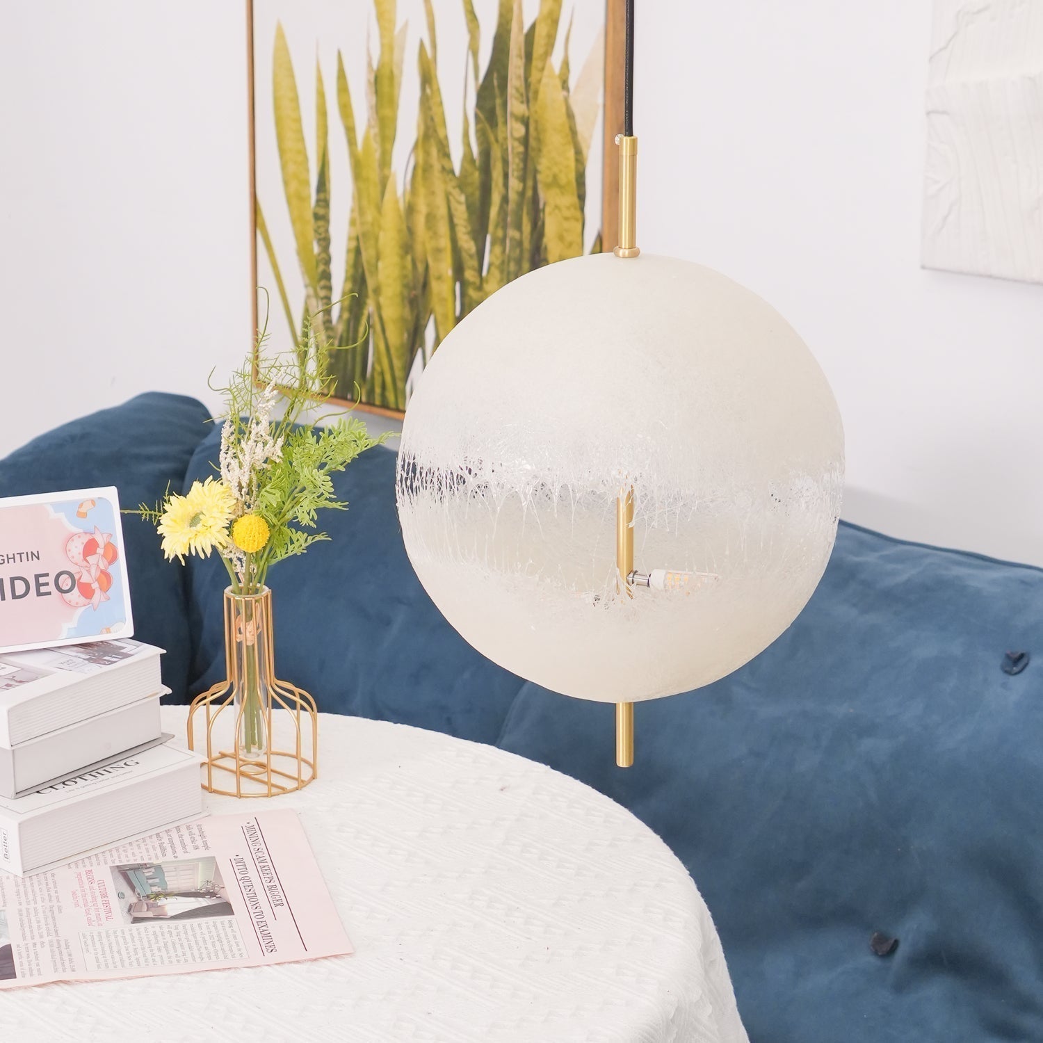 Hand Painted Fiberglass Sphere Pendant Light Modern Gold Artistic Hanging Lamp