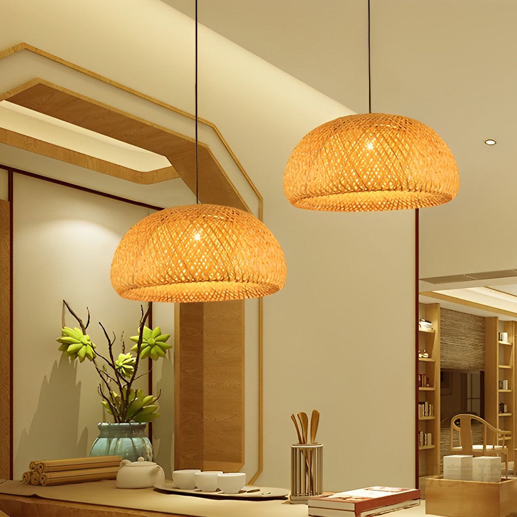Hand Woven Bamboo Lantern LED Chandelier with 3 Step Dimming Rustic Rattan Hanging Pendant Light