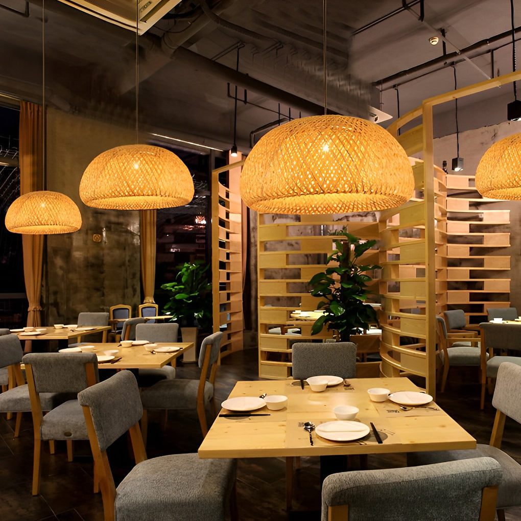 Hand Woven Bamboo Lantern LED Chandelier with 3 Step Dimming Rustic Rattan Hanging Pendant Light