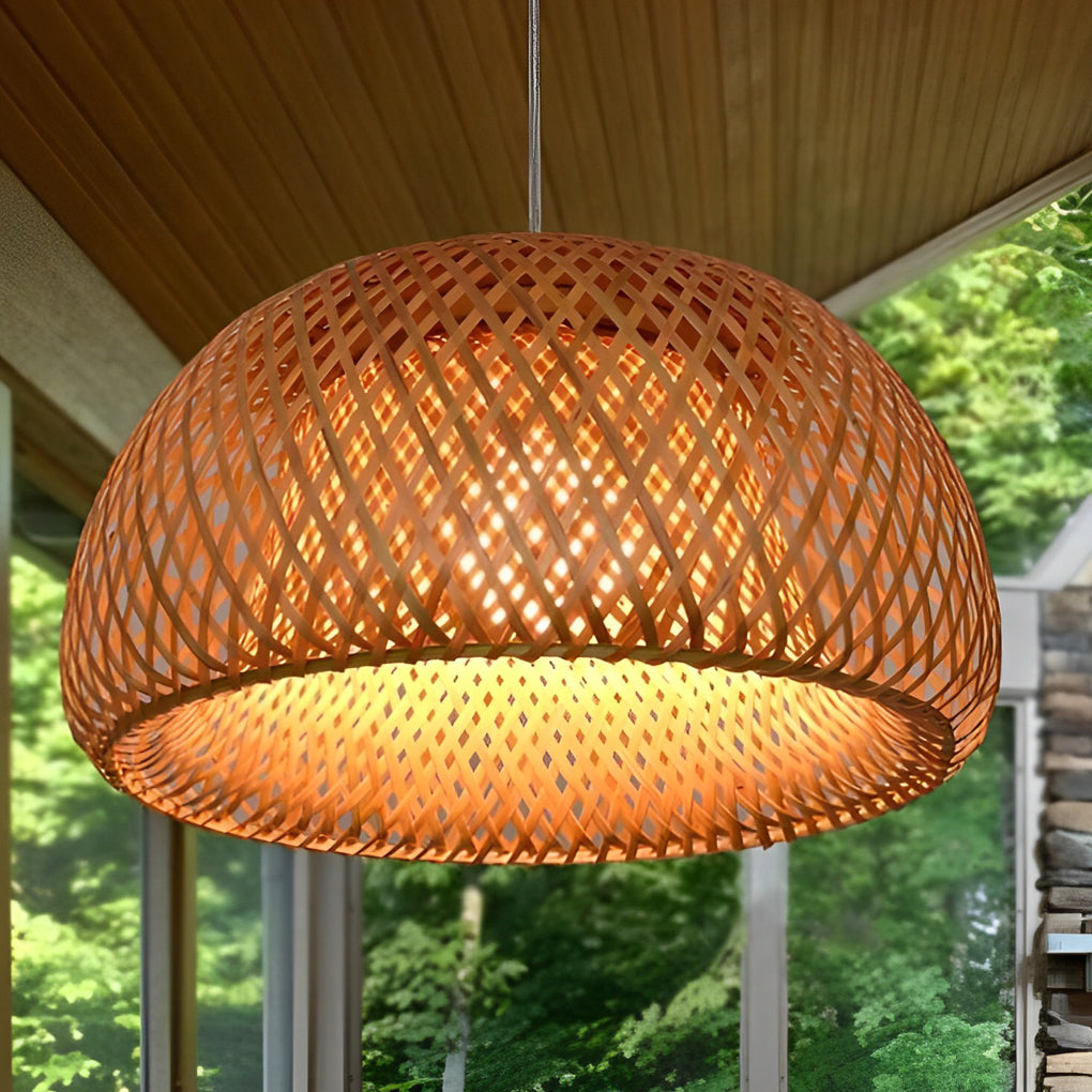 Hand Woven Bamboo Lantern LED Chandelier with 3 Step Dimming Rustic Rattan Hanging Pendant Light
