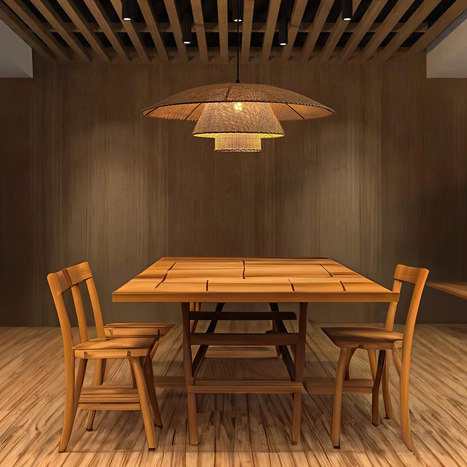 Hand Woven Rattan Hat Shape Pendant Light Boho Wicker Hanging Ceiling Lamp