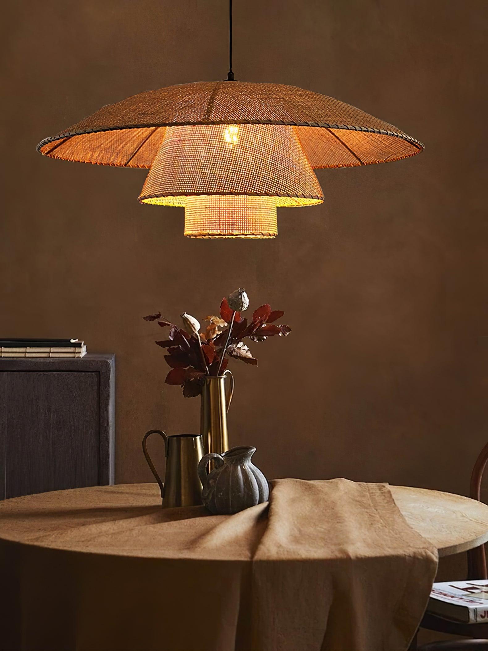 Hand Woven Rattan Hat Shape Pendant Light Boho Wicker Hanging Ceiling Lamp